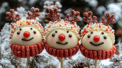 Festive dessert pops resembling cheerful snowmen with holiday decorations.