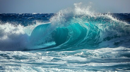 Naklejka premium Turquoise waves crash rhythmically against the shore, illuminated by the brilliance of the sun