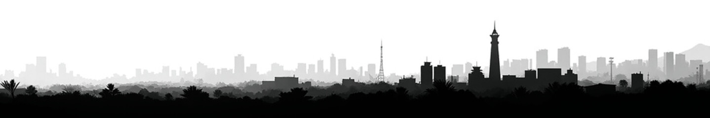 Fototapeta premium A monochromatic silhouette of a city skyline at dusk, showcasing a mix of modern and traditional architecture against a fading light background.