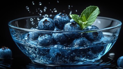 Fresh blueberries in a glass bowl with water, mint garnish.