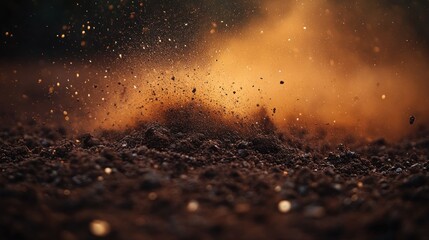 Dirt bike race, dust cloud, track, sunset, action, speed, background blur, advertising