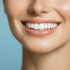 Obraz premium Close-up of a beautiful woman's smiling mouth with white teeth, against a blue background