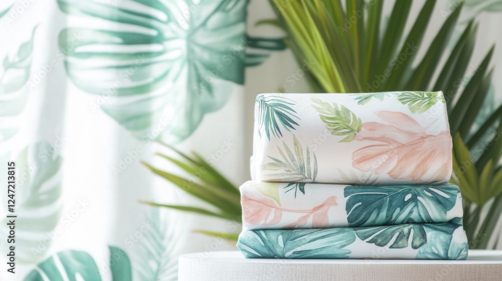 Poster colorful tropical patterns in light summer fabrics displayed in an inviting interior setting. genera