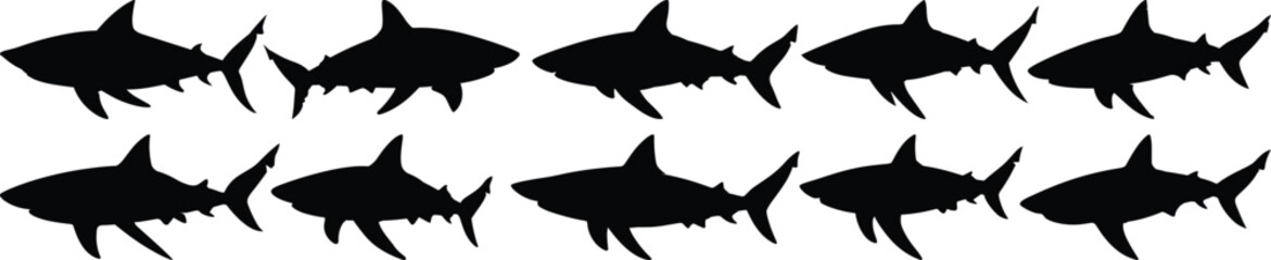 Shark silhouettes set, animal pack of vector silhouette design, isolated background