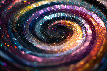 a visually striking spiral of reflective sequins forming a glowing whirlpool effect. the iridescent details shimmer against the black background, creating a sense of depth and luxury, perfect for even