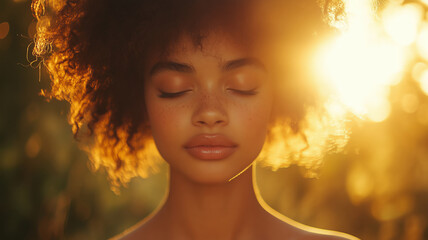 Fototapeta premium Golden backlight creates a genuine portrait of serene beauty in nature