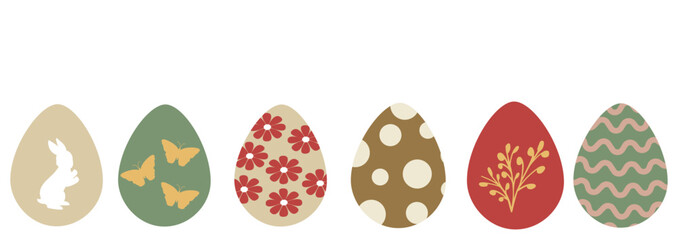 Decorative Easter eggs with vintage patterns featuring rabbits, flowers, and butterflies on a white background. Trendy design with typography, flowers eggs and bunny.