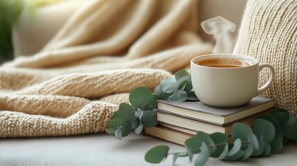 A warm and inviting scene of a steaming cup of tea placed atop a stack of books, nestled within soft beige knitted blankets. Eucalyptus leaves add a natural touch for ralaxation