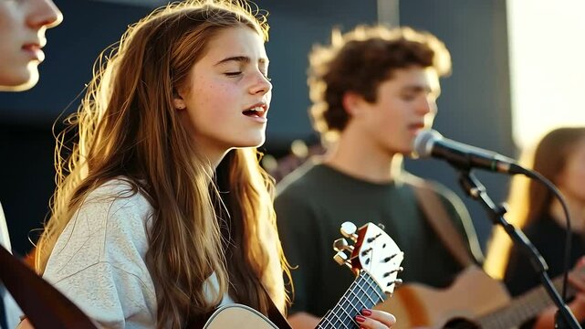 Teenagers Worshipping and Playing Guitars in a Group Setting