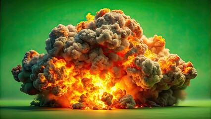 Tilt-Shift Explosion, Dramatic Flames, Green Background, AI Photo