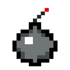 Obraz premium Pixel art bomb with a lit fuse in retro 8-bit style isolated on a white background. Game interface, pixelated life bar and menu button. Button 8 bit pixel
