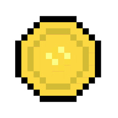  Pixel art gold coin in retro 8-bit style isolated on a white background. Game interface, pixelated life bar and menu button. Button 8 bit pixel