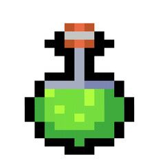 Obraz premium Pixel art green potion bottle in retro 8-bit style isolated on a white background. Game interface, pixelated life bar and menu button. Button 8 bit pixel