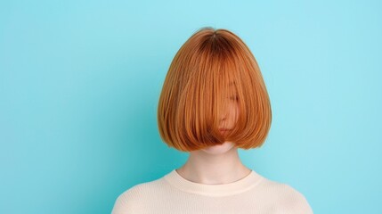 Short orange red bob hairstyle with straight blunt cut, creative studio portrait with face covered, playful fashion concept on blue background, hair texture focus, modern beauty

