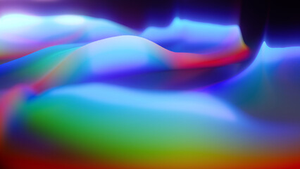 Abstract 3d render. Holographic iridescent wave. Shining flow geometry.Neon gradient design elements. Glowing curved shapes. .Liquid blobs. Lava lamp style forms. Luster fantasy terrain.