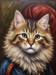 A regal cat portrait featuring a fluffy feline with striking green eyes, dressed in a blue outfit and set against a rich background.