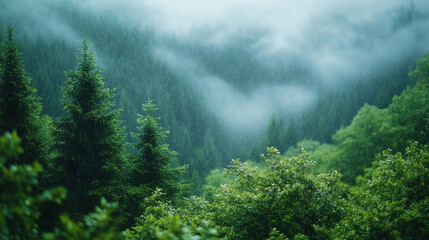 Lush green forest with rain falling, misty mountains in background, creating serene and tranquil atmosphere