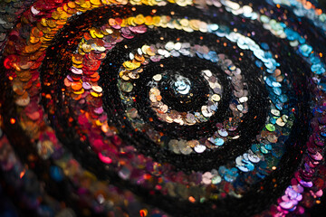 a radiant spiral of sequins reflecting dazzling hues in a hypnotic pattern against a dark backdrop. the vivid glow and intricate detailing convey a sense of glamour, making it ideal for luxury campaig