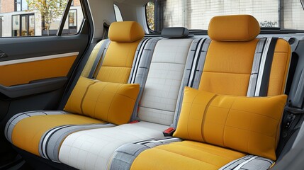 Fototapeta premium Colorful Interior of a Compact Car Featuring Yellow Cushions and Modern Design