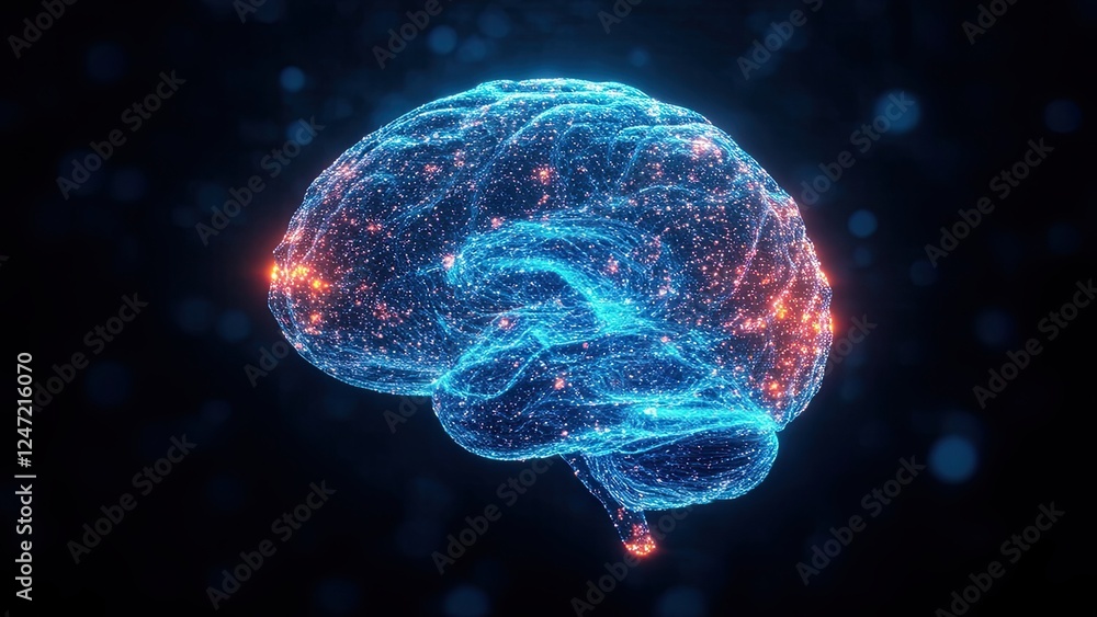 Poster digital representation of a brain illuminated with vibrant colors showcasing neural connections and 