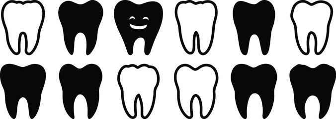 Tooth silhouettes set, teeth pack of vector silhouette design, isolated background