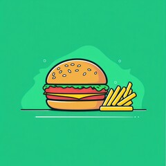 Cartoon hamburger and fries on green backdrop for menus, posters, or advertising