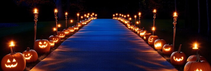 Pumpkin Lined Pathway with Candelabras in the Dark - A serene nighttime scene with glowing pumpkins and candelabras illuminating a pathway, symbolizing warmth, Halloween spirit, autumn ambiance