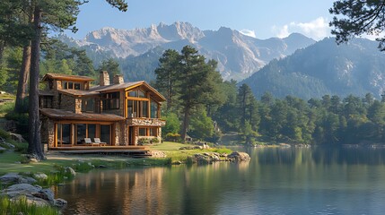 Obraz premium Mountain lake house, serene landscape, morning light, real estate