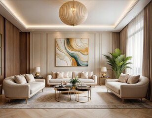 This image features a bright, modern living room with light-colored furniture, including three white sofas, decorated with a large abstract painting, potted plants, and beautiful lighting fixtures.
