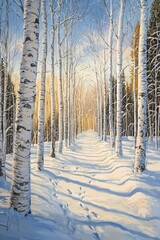 Obraz premium Pathway through a snow-covered forest with birch trees during the golden hour in winter, showcasing serene beauty and tranquility in nature