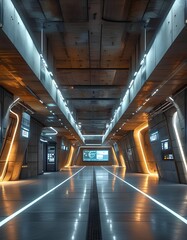 A long, illuminated corridor features smooth concrete walls with glowing panels and digital displays. The advanced design reflects a modern, high-tech atmosphere.