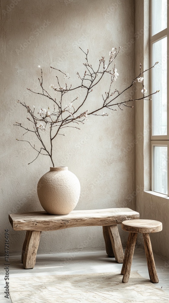 Poster a serene interior showcases a large clay vase filled with delicate branches, resting on a rustic woo