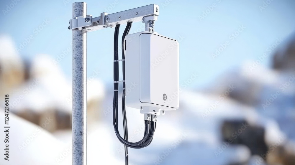 Poster snowy mountain telecom installation remote location infrastructure winter environment close-up view 