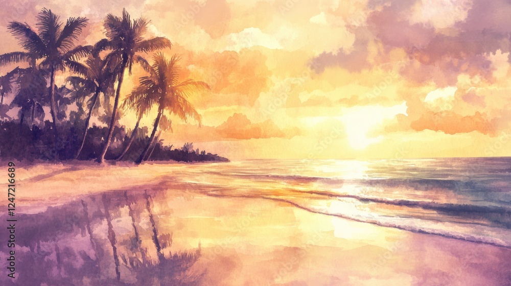Poster sunset over a tranquil beach with palm trees reflecting on calm waters. generative ai