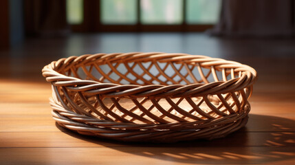Fototapeta premium Woven basket made of natural materials, placed on wooden floor, showcasing intricate design and warm lighting, perfect for home decor or storage solutions