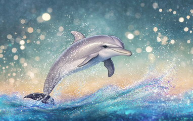 Fototapeta premium playful dolphin leaps through sparkling ocean waves, creating joyful scene filled with vibrant colors and shimmering water droplets