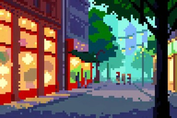 Colorful pixel art cityscape with trees and buildings.