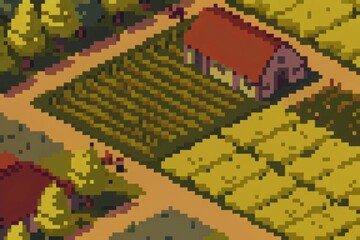 Fototapeta premium Pixel art farm landscape with red roof barn and crop fields.