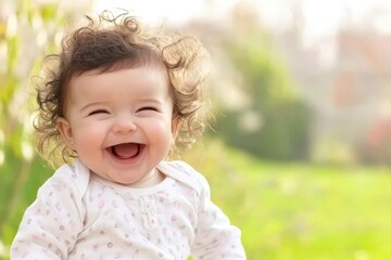 Happy baby girl with curly hair sitting outdoors on a sunny day in a green park