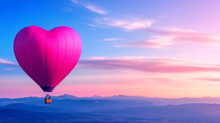 Fototapeta premium Romantic Hot Air Balloon in Sunset Sky - A vibrant pink heart-shaped hot air balloon floats in a stunning sunset sky with beautiful mountains in the background.