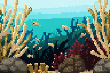 Pixel art underwater scene with coral and fish.