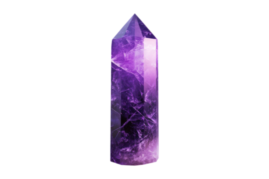 A striking amethyst crystal point stands showcasing its beautiful violet hues.