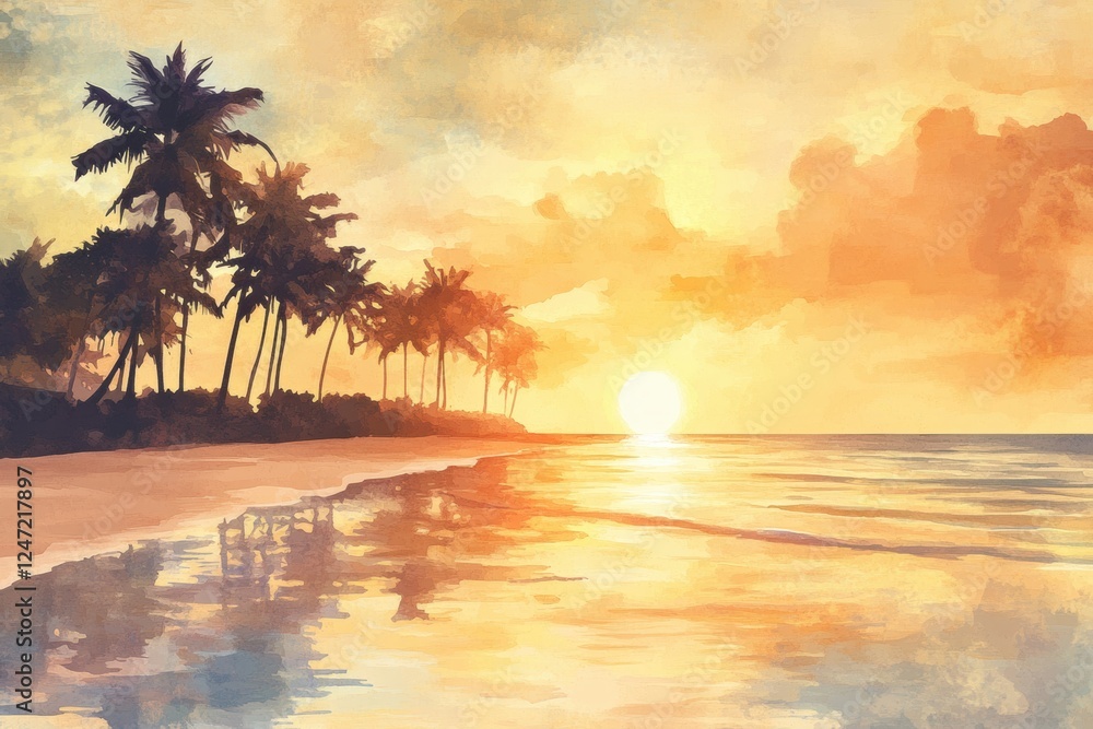 Fototapete Sunset over a tranquil beach with swaying palm trees and gentle ocean waves in a watercolor illustration. Generative AI