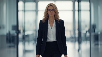 Fototapeta premium Confident professional woman walks through modern office space during daylight hours
