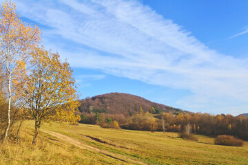 Autumn mountains landscape. Trees on a  slope  with dry grass and wooded mountains under blue sky with white clouds, Low Beskid (Beskid Niski)