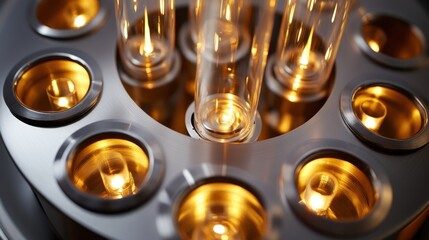 Glowing test tubes arranged in a circular scientific apparatus, showcasing a futuristic and innovative laboratory setup. The warm light highlights the precision of scientific equipment