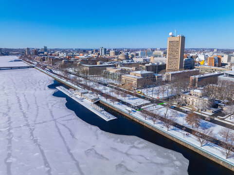 Massachussets Institute of Technology (MIT) aerial view including Great Dome, Kilian Court and Green Building in winter, Cambridge, Massachusetts MA, USA.