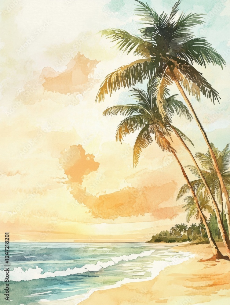Poster calm waters and palm trees at sunset along a serene beach in a watercolor illustration. generative a