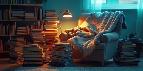 A room filled with books and a cozy reading nook. A serene place to relax and immerse oneself in literature.