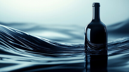A luxurious dark liquid glass wine bottle with a smooth rounded design, exuding elegance and modern sophistication. The bright tone and blurred background create a sense of refined minimalism.

